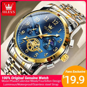 OLEVS Moon Phase Watch for Men, stainless steel two-tone bracelet, blue dial with gold accents, skeleton wheel subdials