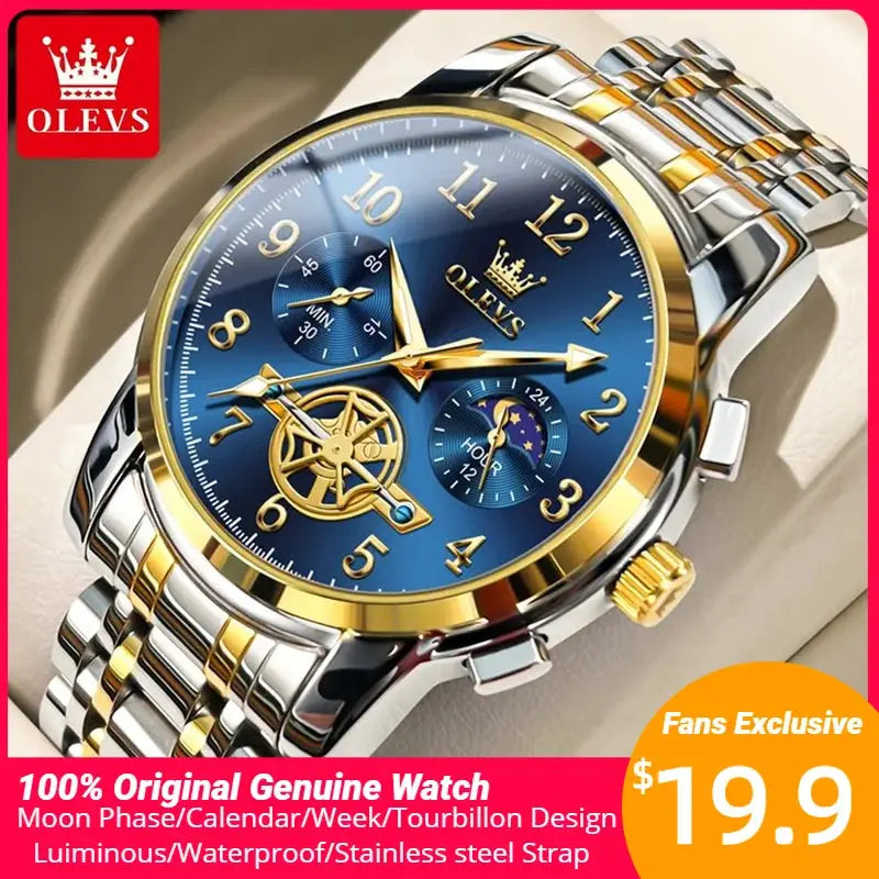 OLEVS Moon Phase Watch for Men, stainless steel two-tone bracelet, blue dial with gold accents, skeleton wheel subdials