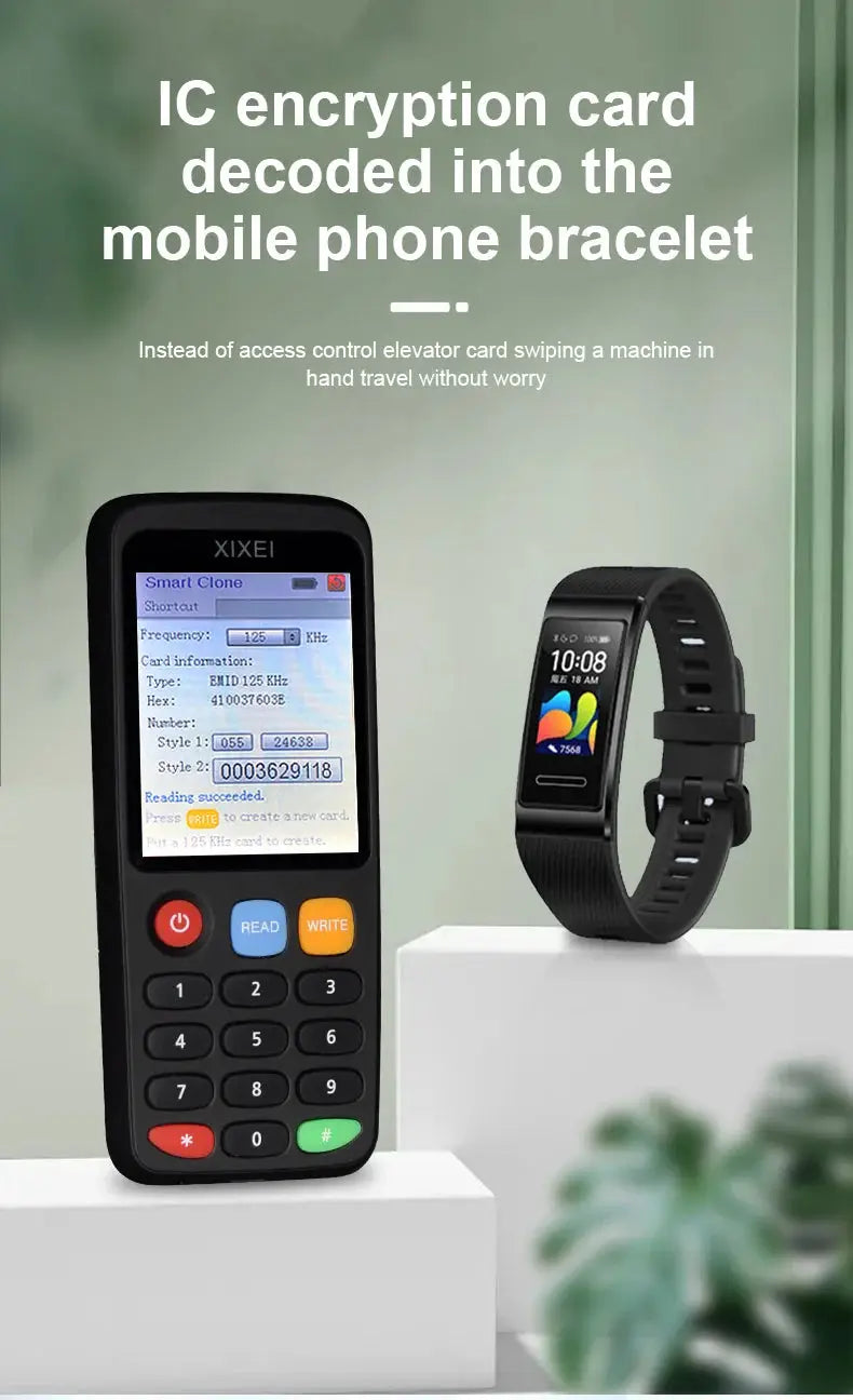X7 RFID smart card reader; black handheld device and smartwatch (2 items) on display.