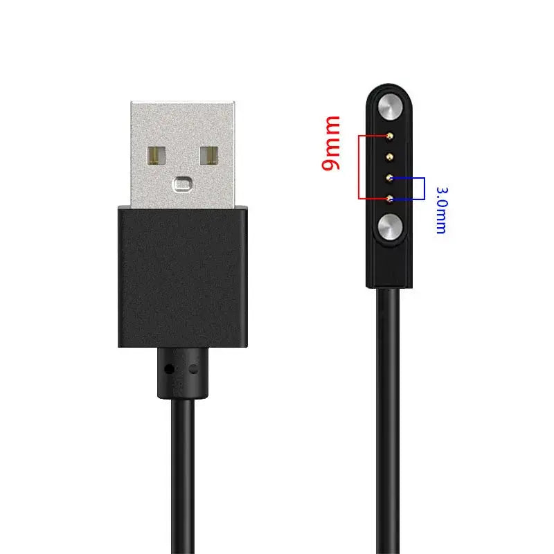 Smartwatch dock charger cable with USB-A plug; black adapter with gold contact pins