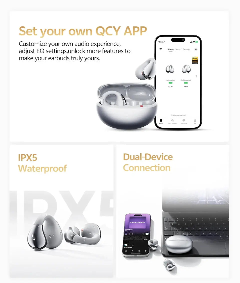 QCY Crossky C30S open-ear wireless earbuds with charging case, white/silver; Bluetooth 6.0, IPX5 waterproof