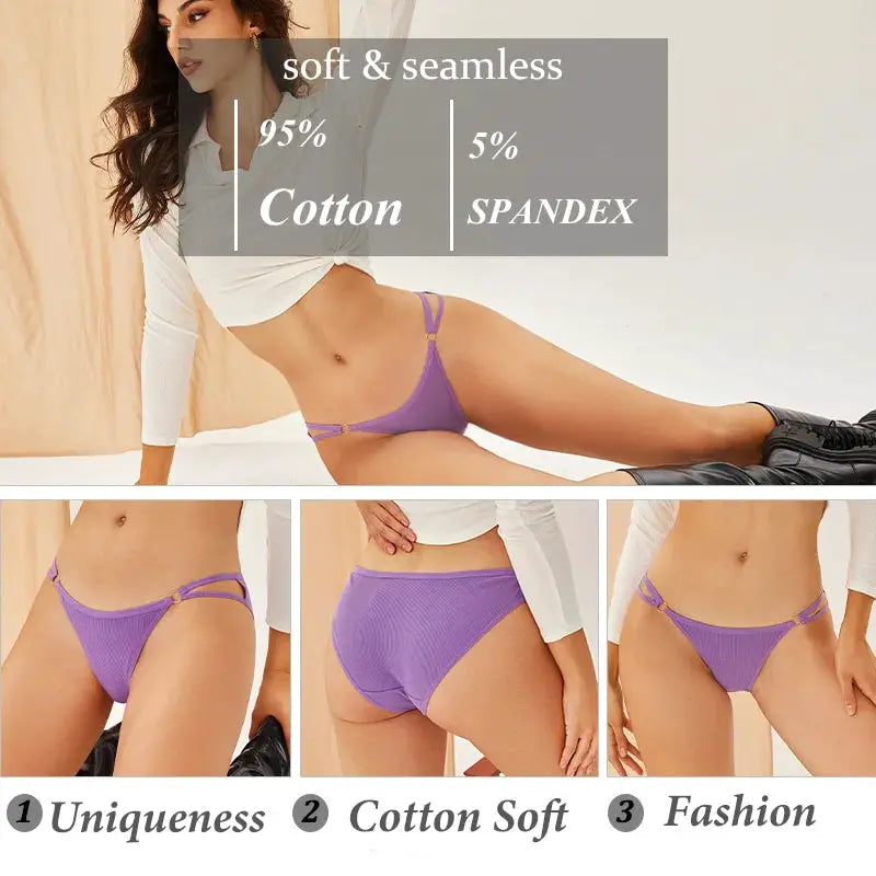 3-pack women's purple cotton bikini panties with double side straps; breathable cotton-spandex blend