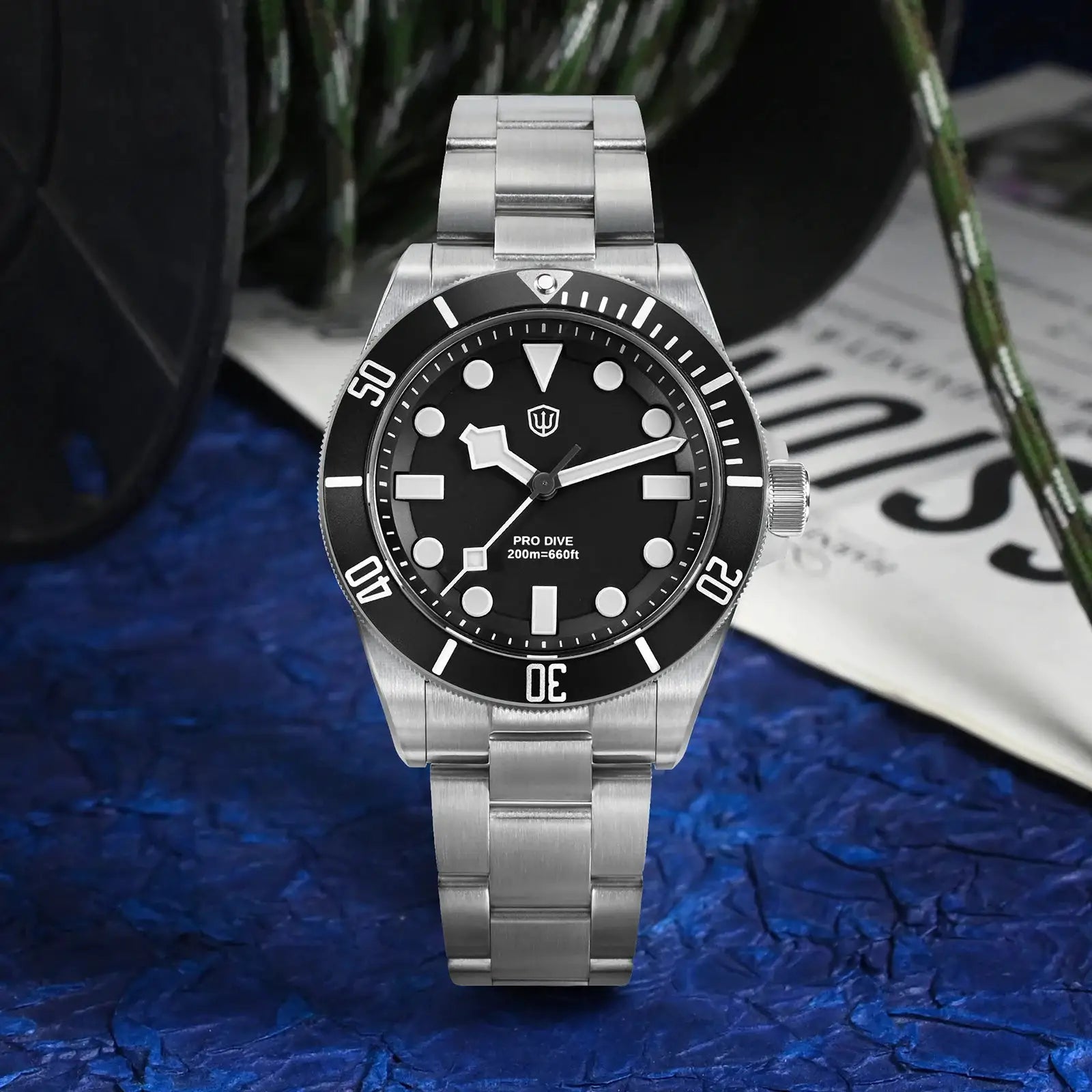 Watchdives WD1969 Pro 38mm stainless steel diver watch with black dial, luminous markers, and 200m water resistance