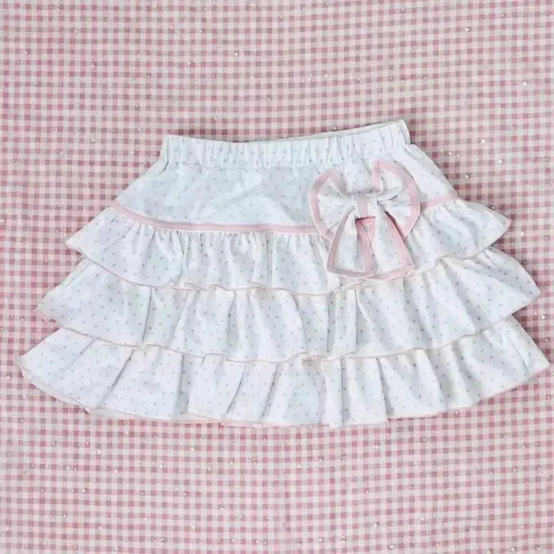 Harajuku Girls Lolita mini skirt by Simples Market, white layered polka-dot ruffle skirt with pink bow