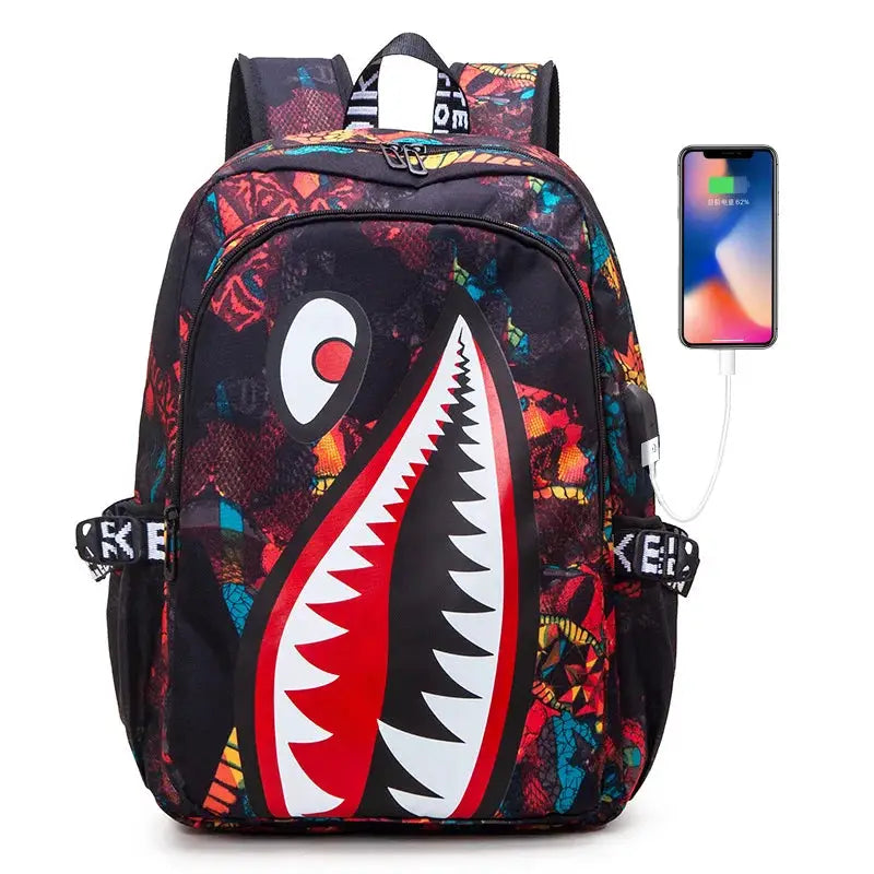 Backpack Simples Market kids' school backpack with colorful shark print and big front shark mouth.