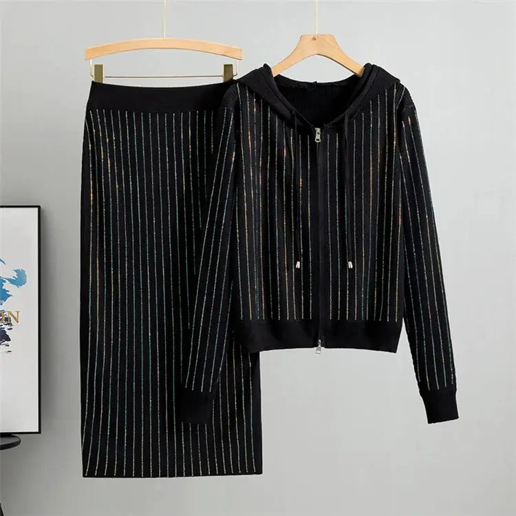 Two Piece Knit Cardigan And High Waisted Skirt Set With Diamond