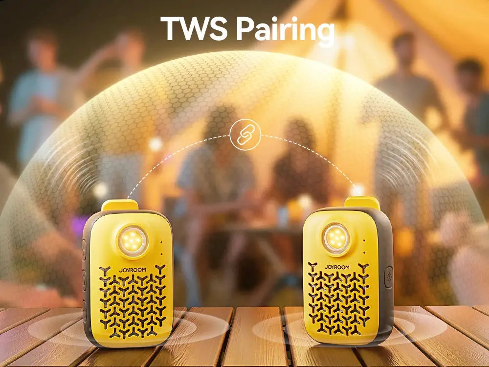 Joyroom wearable Bluetooth speakers, yellow clip-on stereo pair, IP67 waterproof, wireless 5.4