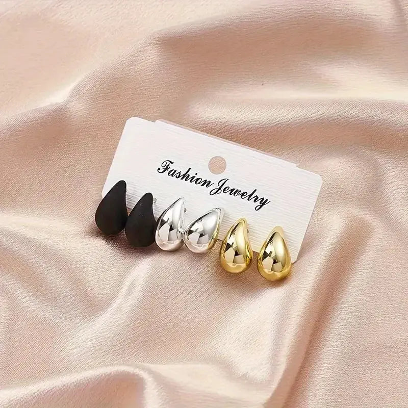 Six-piece vintage teardrop stud earring set in black, silver, and gold tones; lightweight fashion jewelry