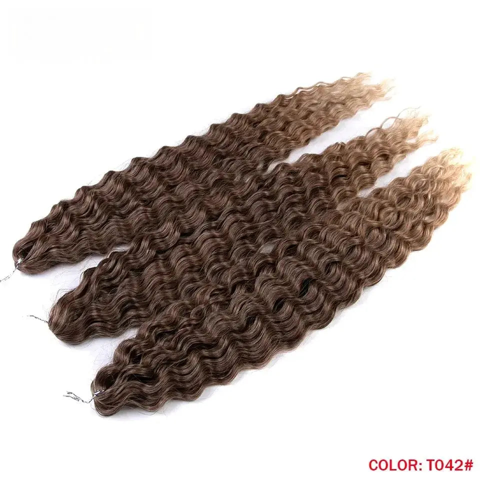 Simples Market Fashion Idol 22in ariel curl water-wave crochet hair extensions, 3 brown ombre bundles, color T042.