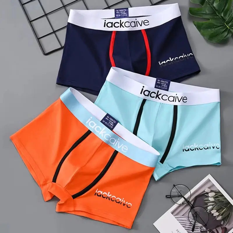 3-pack men's cotton boxers by jackcaive; navy, orange, and mint with white/blue waistbands