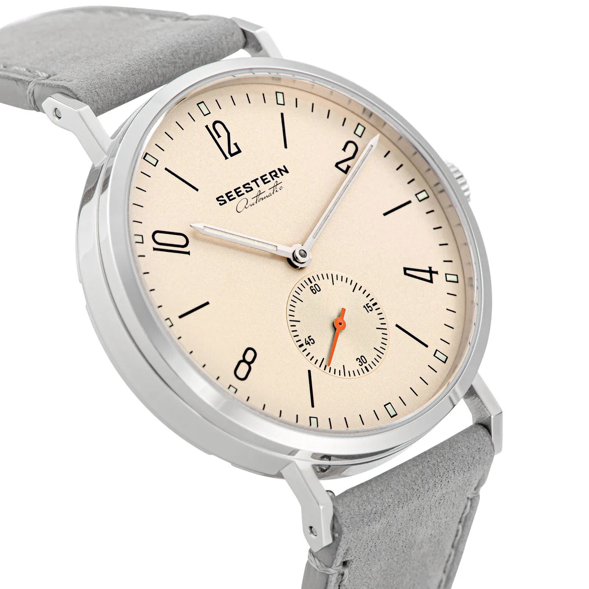 SEESTERN men's automatic wristwatch with beige dial, stainless steel case and gray leather strap