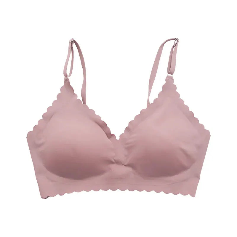 Pink wirefree padded bra with scalloped wavy edge for seamless comfort and soft straps