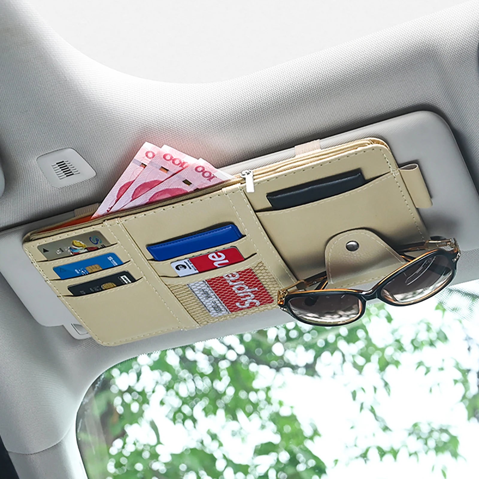 JFBONIN car sun visor organizer in beige with sunglasses clip and card slots