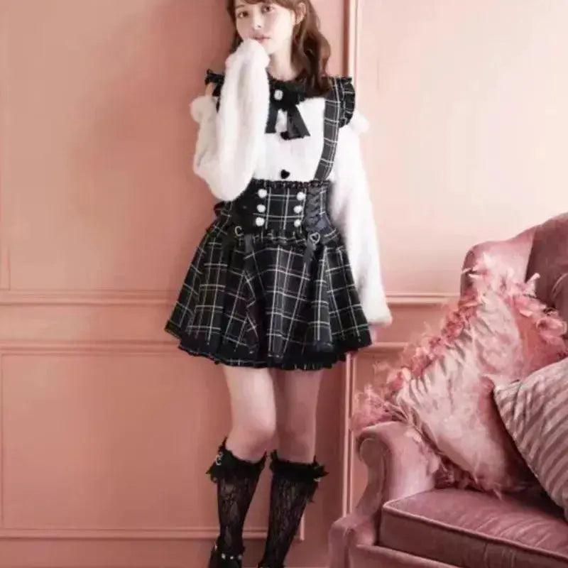 Gothic Lolita plaid suspender skirt, black A-line mini by Simples Market