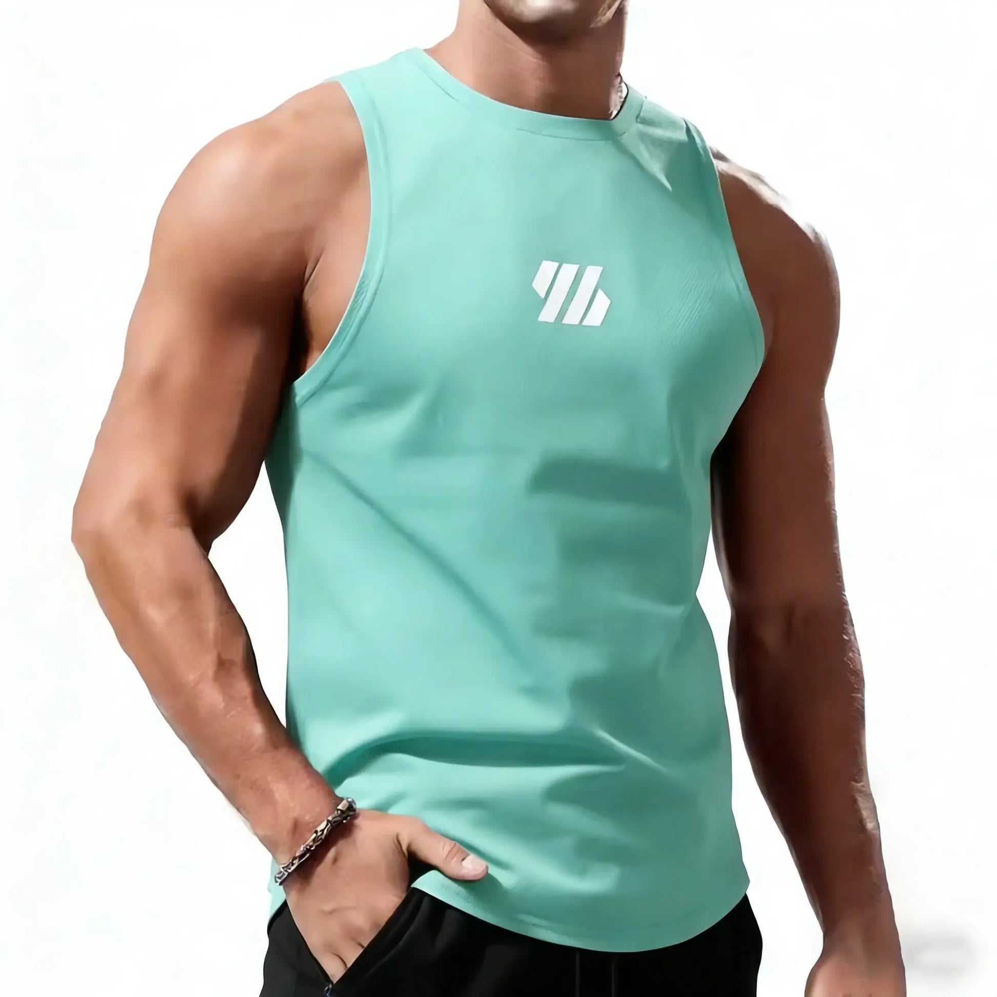 Men's turquoise quick-dry sleeveless training tank top with Simples Market logo
