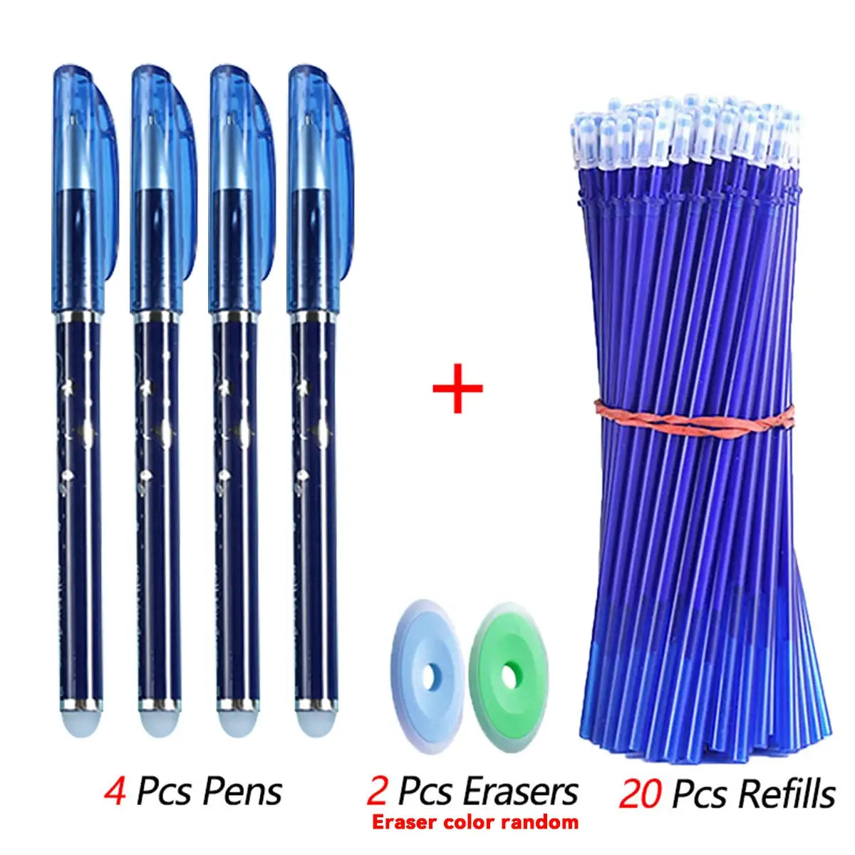 Simples Market 26-Piece Kawaii Erasable Gel Pen Set, 4 blue pens with blue caps, 2 erasers, 20 refills
