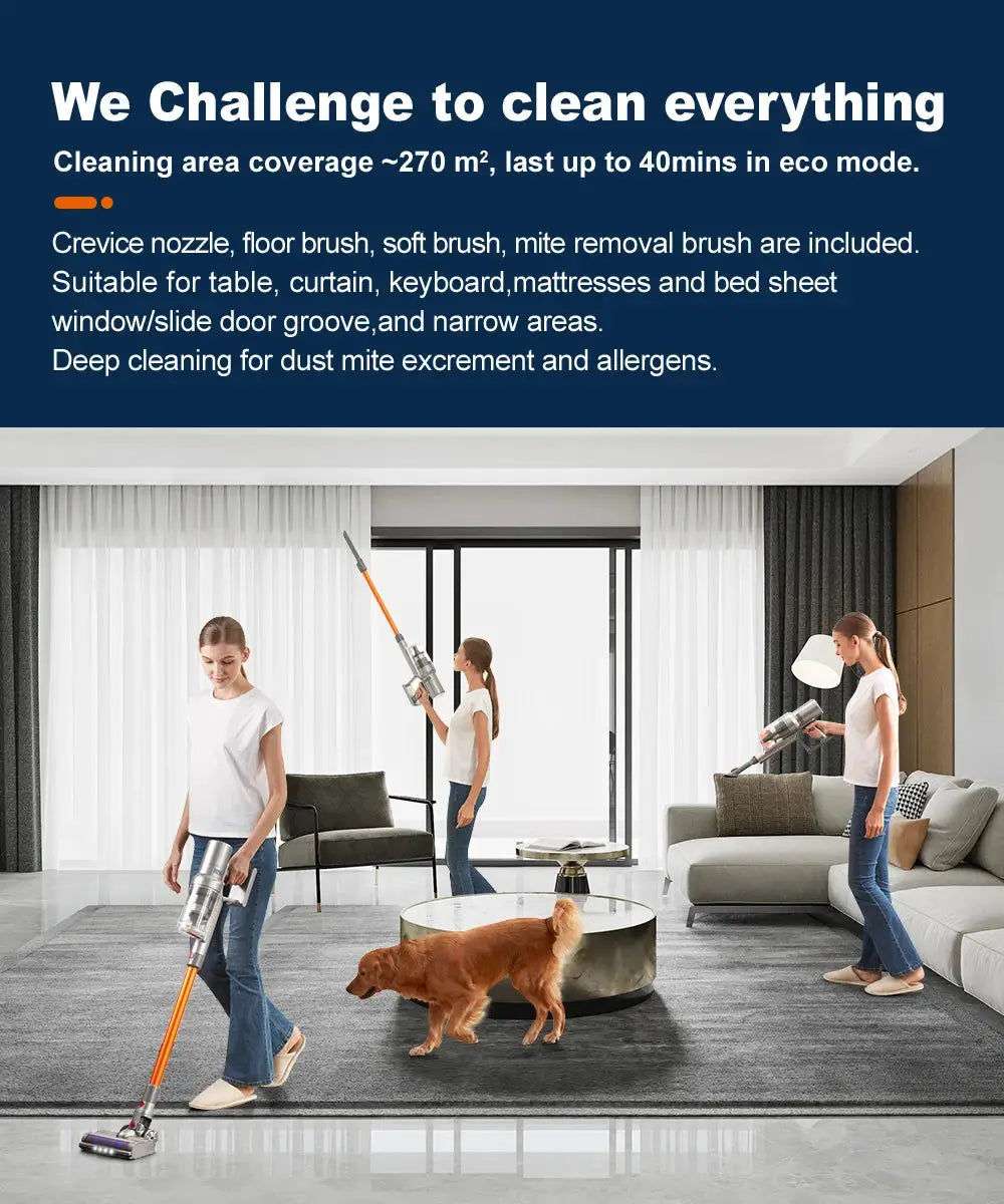 ABIR VC205 cordless handheld vacuum by Simples Market with orange wand in a modern living room.
