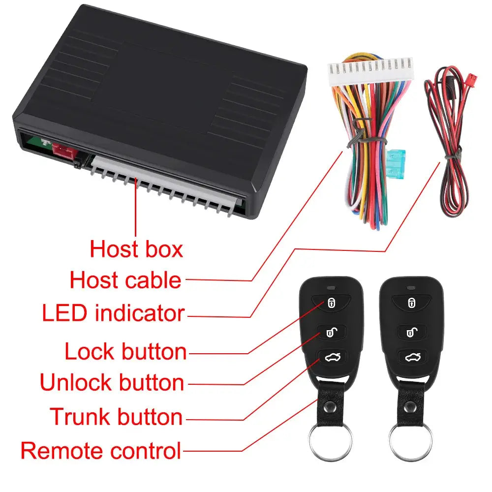 Car remote central lock kit by Simples Market with black host box, wiring harness, and two key fobs
