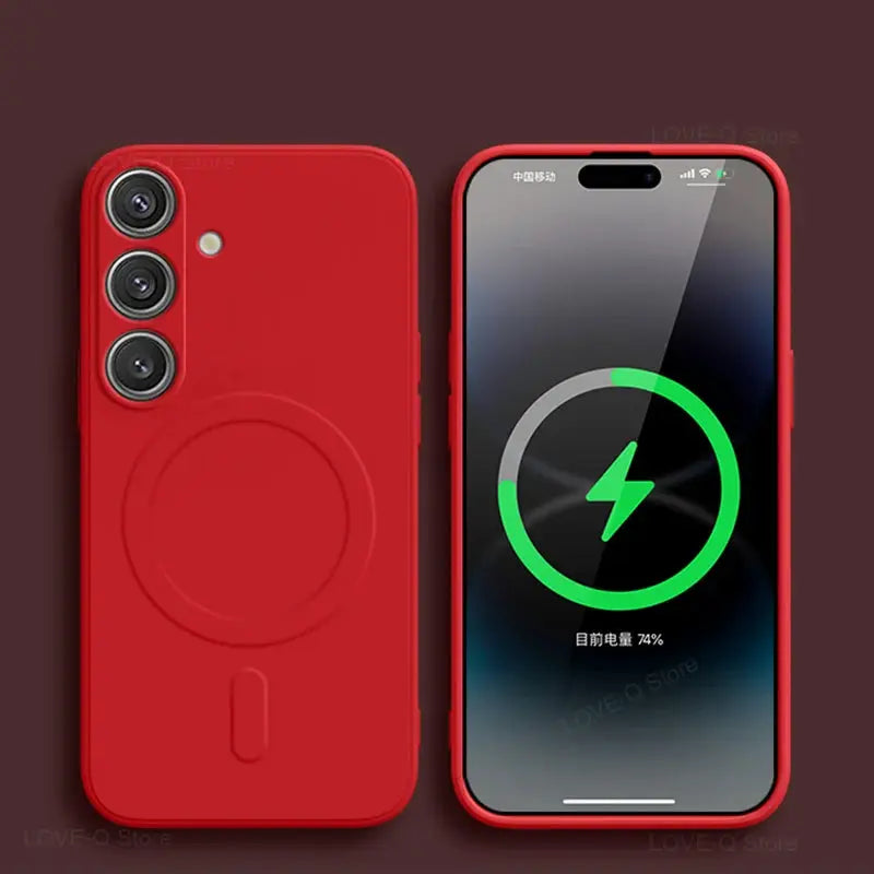 Simples Market red MagSafe wireless charging case for Samsung Galaxy S25/S26/S24/S23 in liquid silicone; two views