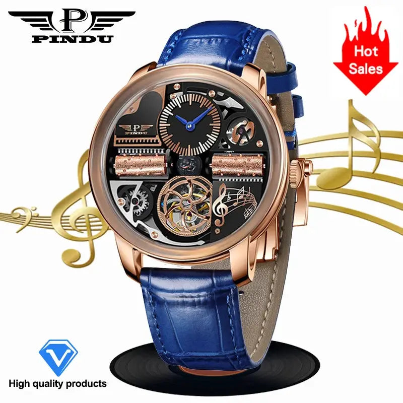 PINDU skeleton automatic watch for men with rose gold stainless steel case, blue leather strap, sapphire glass