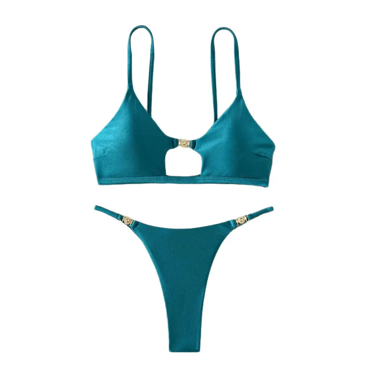 Simples Market teal bikini set with push-up triangle top and high-cut cheeky bottom featuring gold ring accents