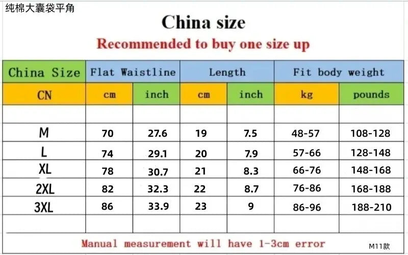 Simples Market cotton men's boxer briefs with large pockets; size chart shows China sizes M-3XL.