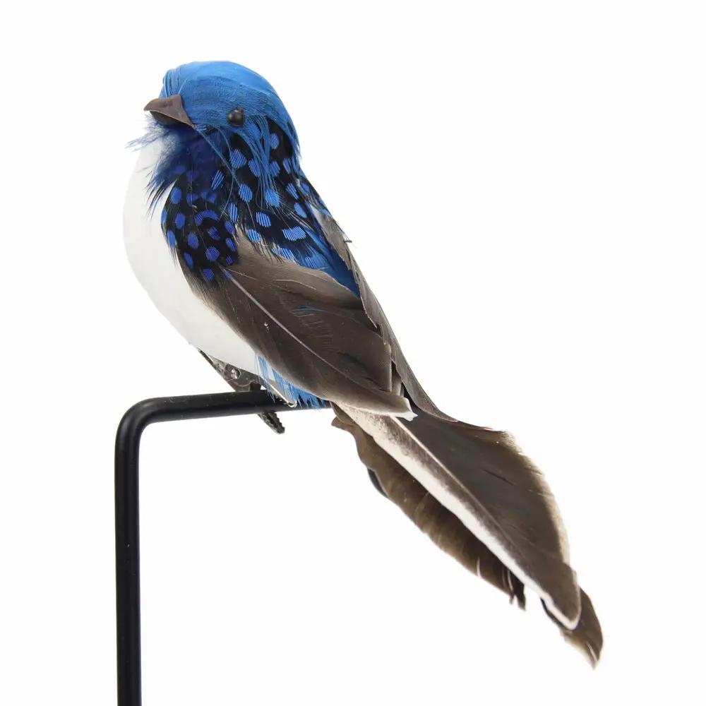 Artificial feather bird garden decoration, blue and white sparrow on a black stand