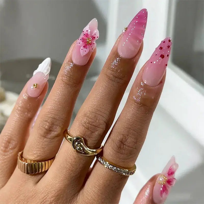 GlamNail Pink Almond Press On Nails Full Coverage Carved Flower 3D Ripple French Tips Golden Pearl Finish