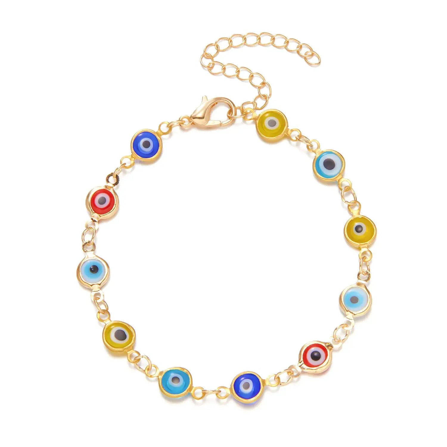 Lucky Turkey Evil Eye Bracelet for Women and Men with colorful red, blue, yellow eye charms on a gold adjustable chain