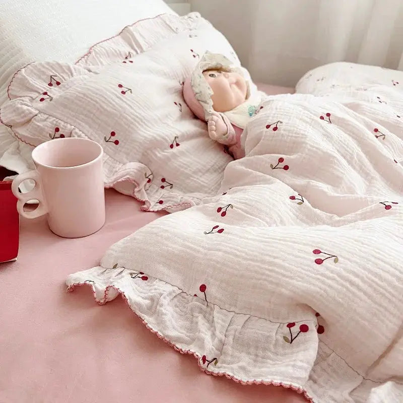 Pink gauze cotton bedding set with ruffle-edge floral print, 3-piece duvet cover and pillowcases
