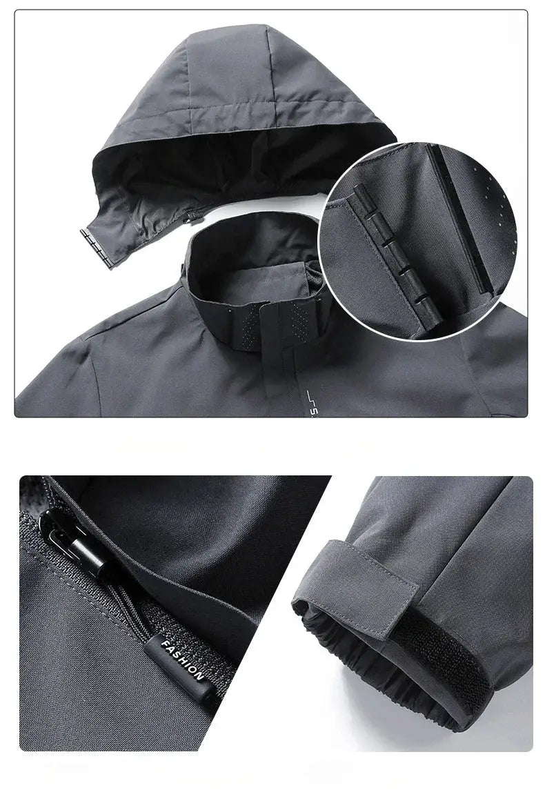 Simples Market men's waterproof rain jacket, lightweight gray hooded outdoor coat with zipper and adjustable cuffs