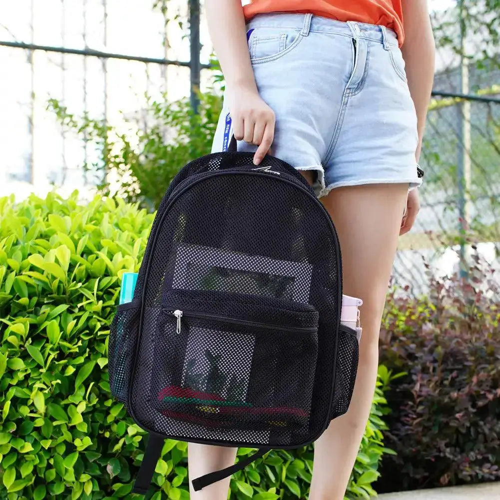 Simples Market women's mesh backpack; black breathable outdoor travel bag with front zip pocket and side pockets.