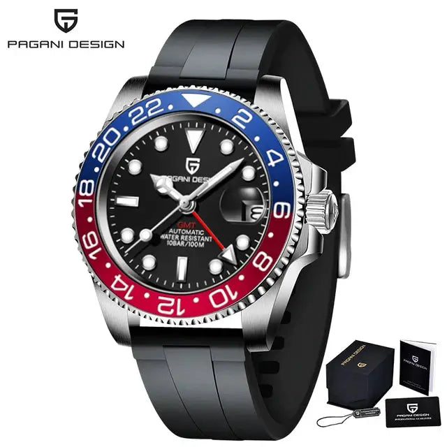 Pagani Design V3 GMT watch, 40mm, black dial with red-blue bezel, stainless steel case, black silicone strap