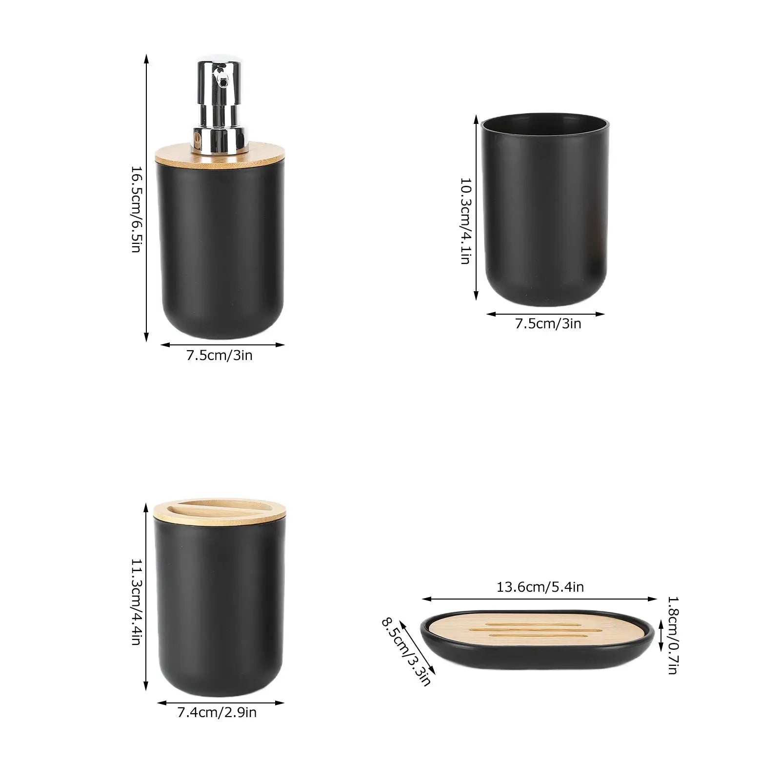 4-piece bathroom accessory set in black with bamboo accents: dispenser, toothbrush holder, tumbler, and soap dish.