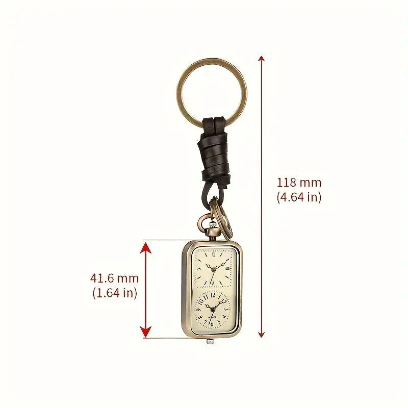 Simples Market bronze square pocket watch keychain with leather wrap, dual dials and antique-style quartz movement.