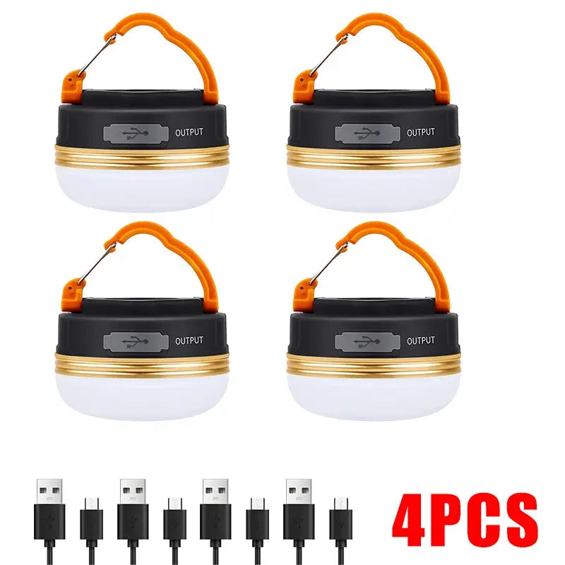 4-pack camping lanterns, 10W high power with orange handles and white diffusers, USB rechargeable