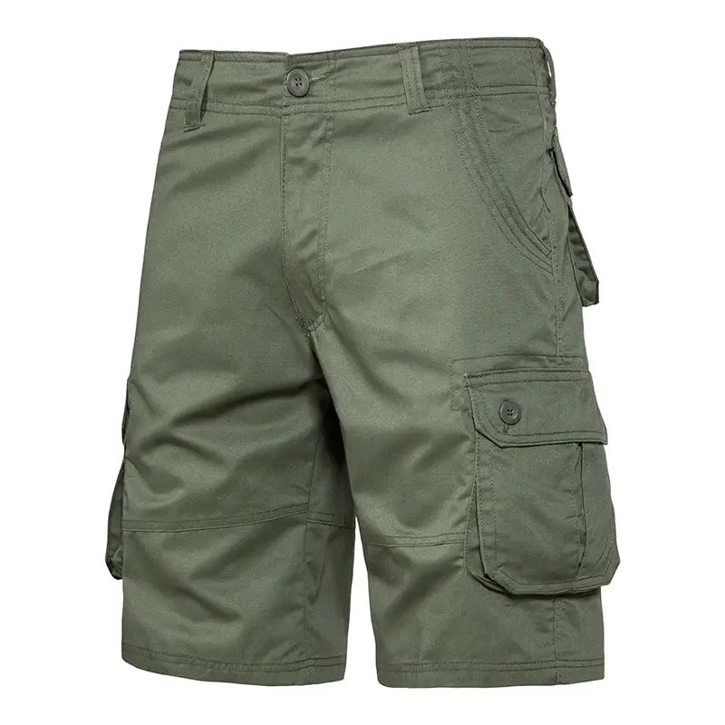 Men's cargo shorts olive cotton by Simples Market, loose fit with multiple pockets.