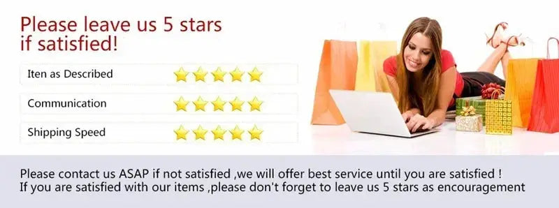 Banner showing a smiling woman shopping online with colorful bags and a laptop; five-star rating prompt.