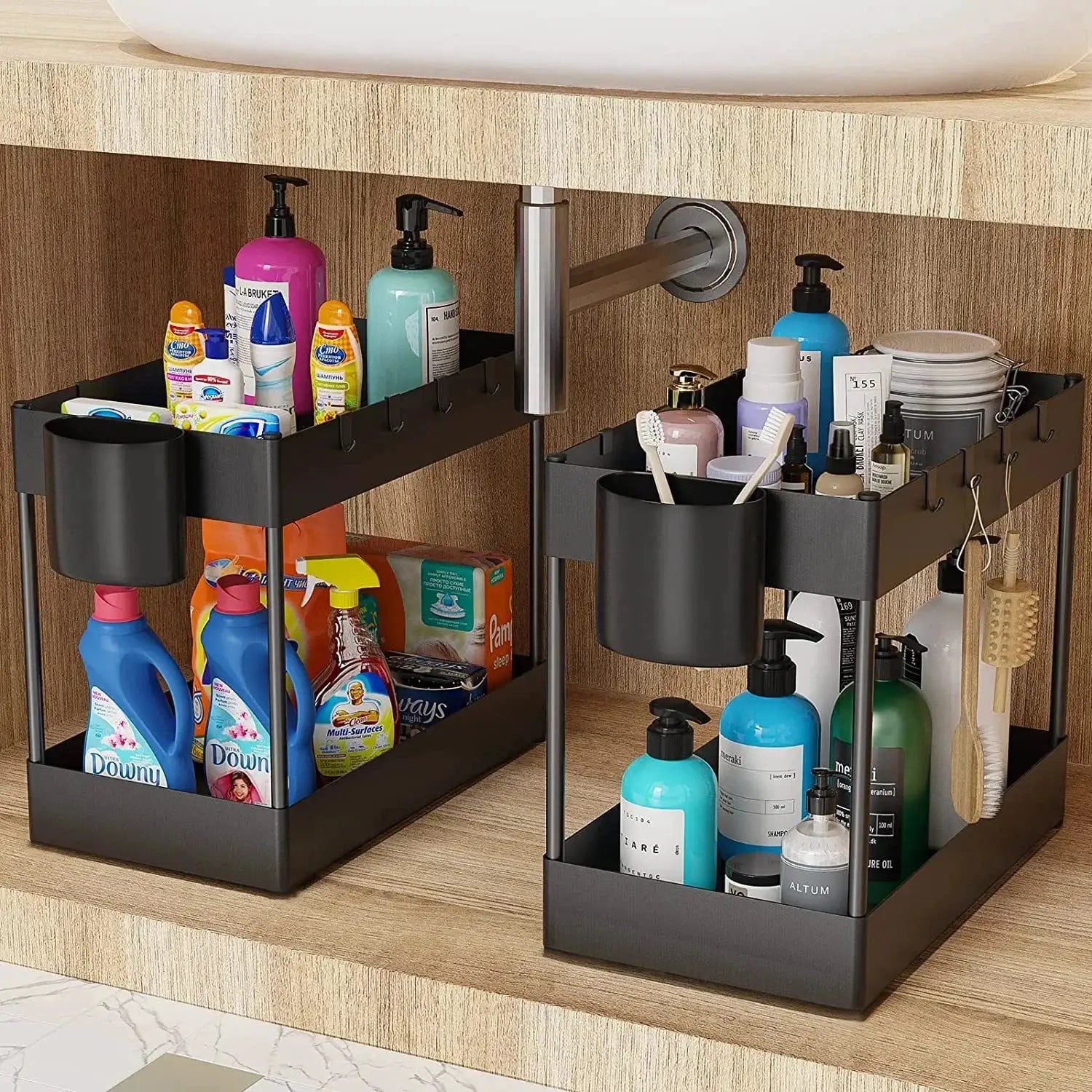 Simples Market 2-pack black metal 2-tier under-sink sliding cabinet storage racks with hooks for bathroom