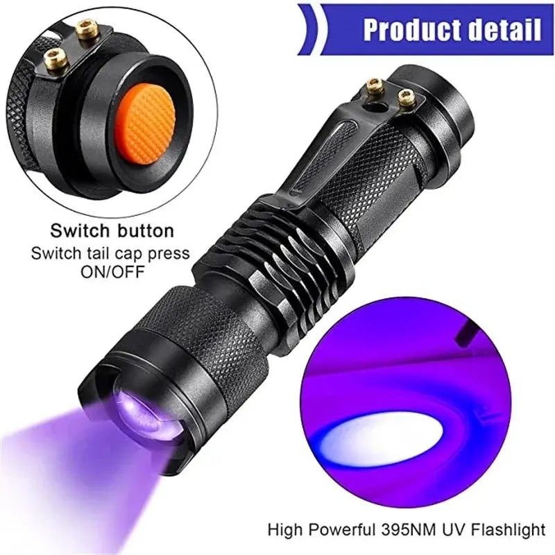 Dual Wavelength UV Flashlight 365Nm 395Nm Portable Mini Torch Zoomable Violet Light Pet Urine Scorpion Detector