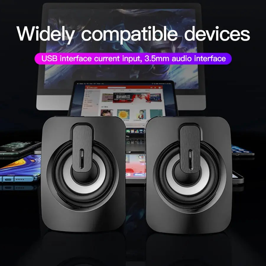 Simples Market computer speaker pair, black USB desktop audio speakers with circular drivers