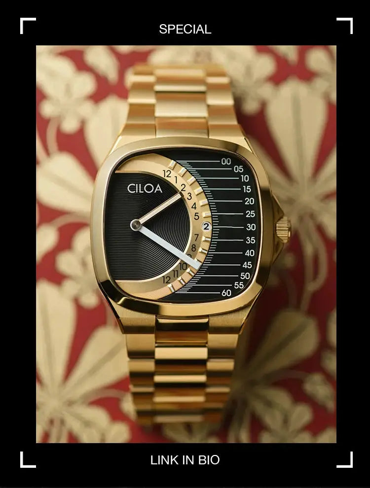 CILOA retro square men's watch with gold-tone stainless steel strap, waterproof quartz