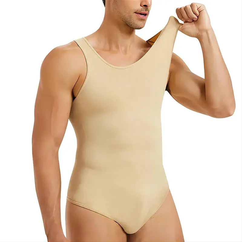 Men's shapewear bodysuit by Simples Market, beige sleeveless full-body shaper with open crotch