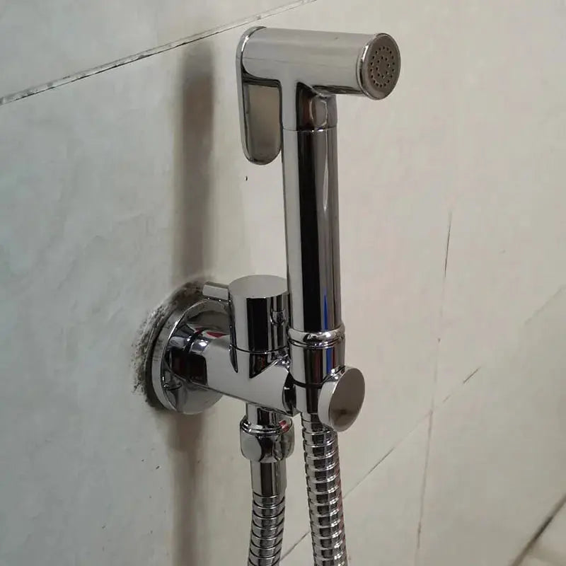 Handheld chrome bidet shower set with wall mount bracket and flexible hose