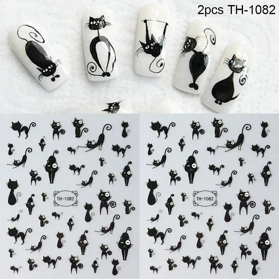 2pcs black cat nail stickers set by Simples Market; 3D self-adhesive cartoon nail art decals