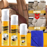 Car foam cleaner spray set by Simples Market: three yellow-labeled bottles with white caps and blue microfiber cloth.