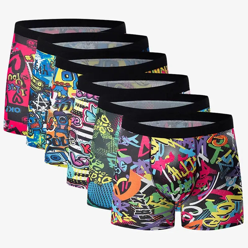 6-pack men's graffiti-pattern stretch boxer briefs, breathable multicolor underwear