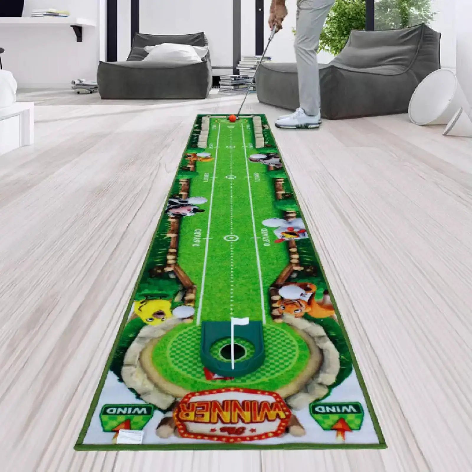 Golf putting mat by Simples Market; lightweight indoor training aid with long green turf and hole.