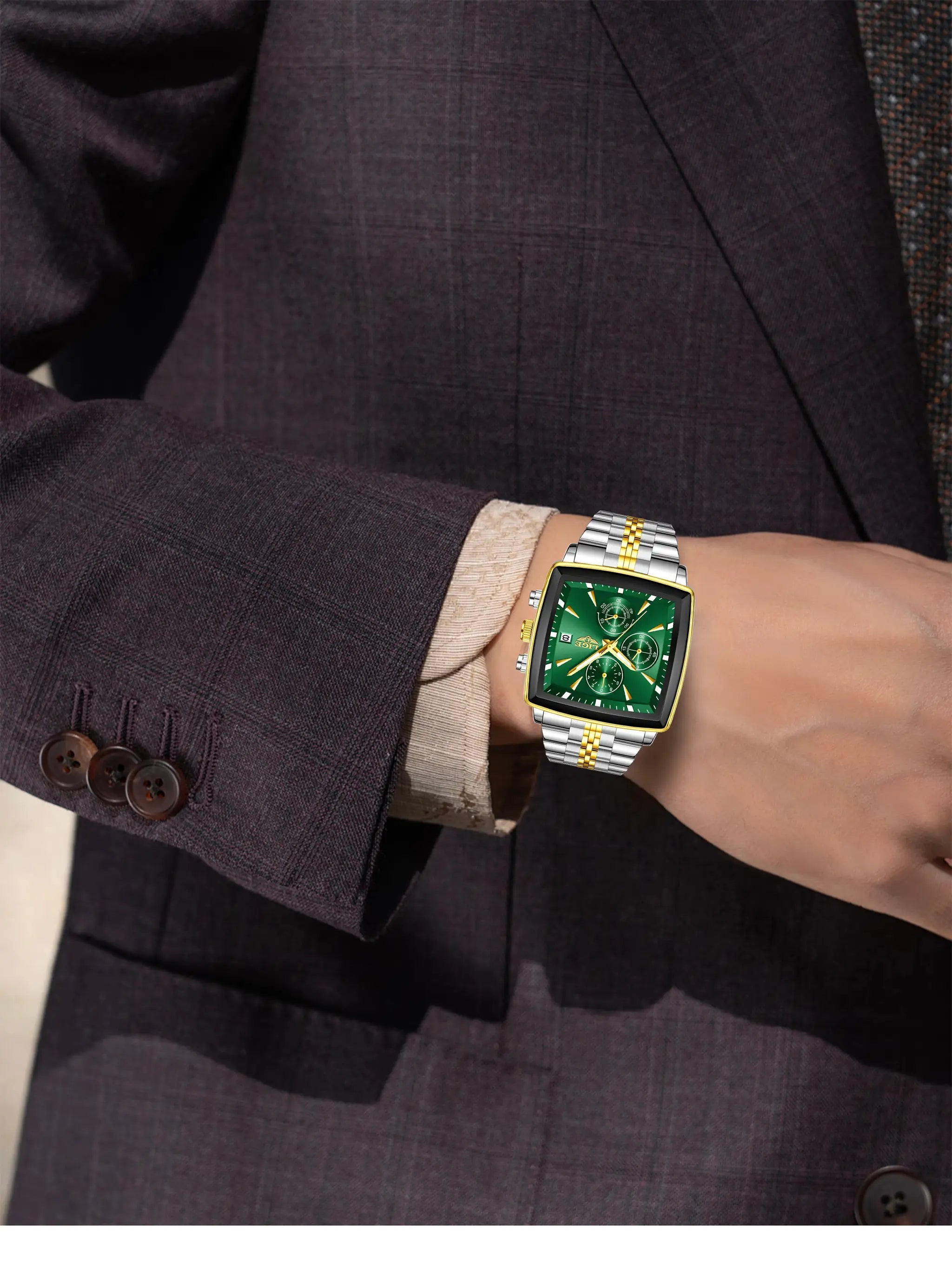 LIGE men's square-dial stainless steel watch with gold center stripe and green face on a suited wrist
