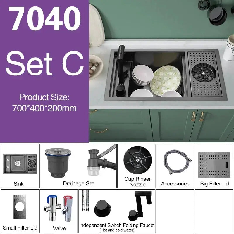 ASRAS Nano black small-size single-bowl kitchen sink with lifting faucet by Simples Market, Set C 8-piece kit